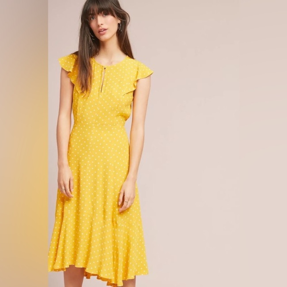 Maeve Yellow & White By Anthropologie Polka Dot Caroline Midi Short Casual Dress